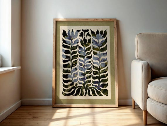 Abstract Botanical Wall Art, Mid Century Floral Print in Blue & Green – Nature-Inspired Decor for Cozy, Boho and Vintage Style Decors