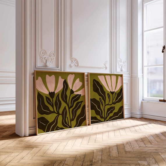 Retro Floral Print Set: Abstract Botanical Wall Art, Mid Century Modern Boho Decor