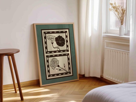 Vintage Botanical Print: Dusty Teal Cottagecore Floral Wall Art, Rustic Home Decor