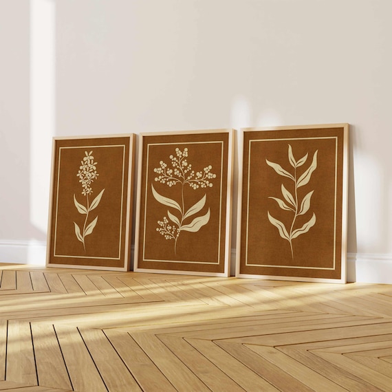 Minimalist Floral Wall Art Set, Vintage Style Botanical Prints in Earthy Tones, Line Art Wildflower Posters for Boho & Nature Inspired Decor