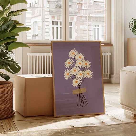 Retro Daisy Print, Vintage Style Flower Poster in Vibrant Summer Colors, Colorful Botanical Wall Art for Boho Homes and Dopamine Decor