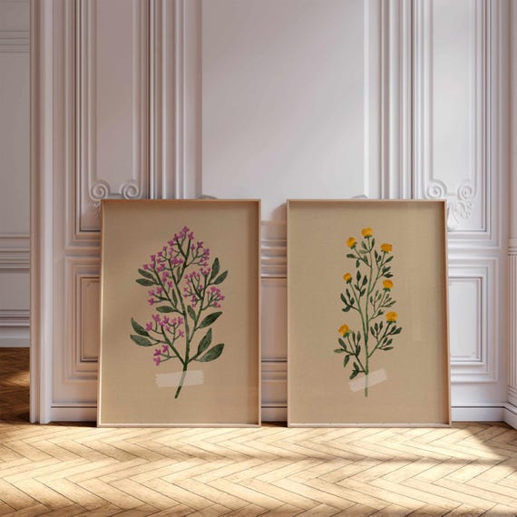 Vintage Style Floral Prints — Soft Retro Wildflowers in Neutral Colors, Botanical Wall Art for Cozy Boho or Cottagecore Home Decor