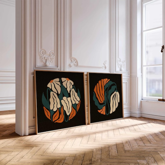 Retro Floral Print Set — Abstract Botanical Wall Art, Mid Century Modern Decor