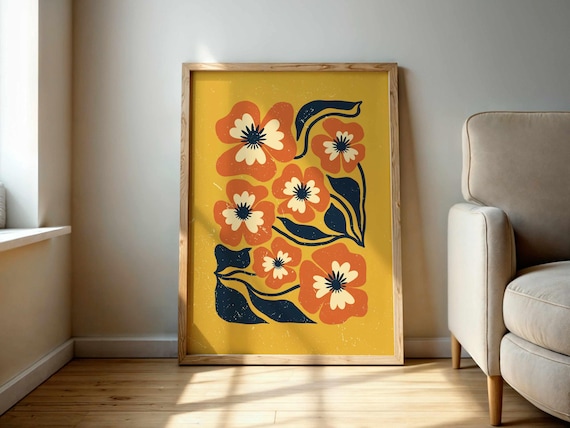 Retro Floral Wall Art – 70s Style Botanical Print in Mustard and Orange, Mid Century Modern Boho Poster for Vintage Home Decor