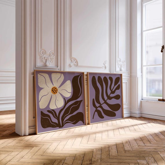 Retro Floral Print Set: 70s Groovy Botanical Wall Art, Mid Century Modern Boho Decor