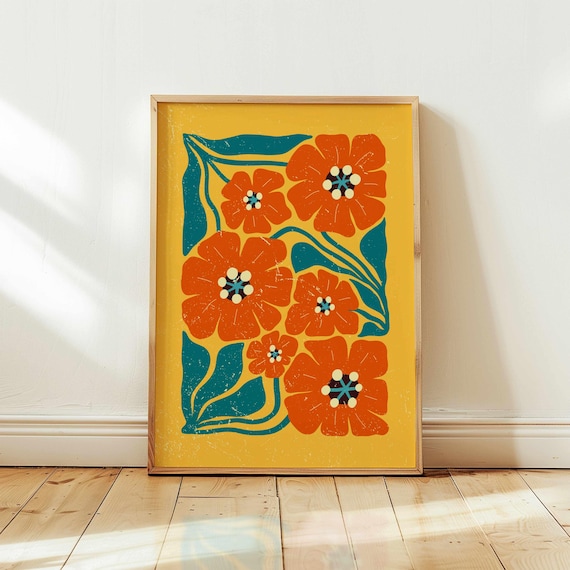 Floral print of abstract poppies in retro 70s mid-century modern style — Funky vintage-inspired wall decor with bold colors and cozy charm.