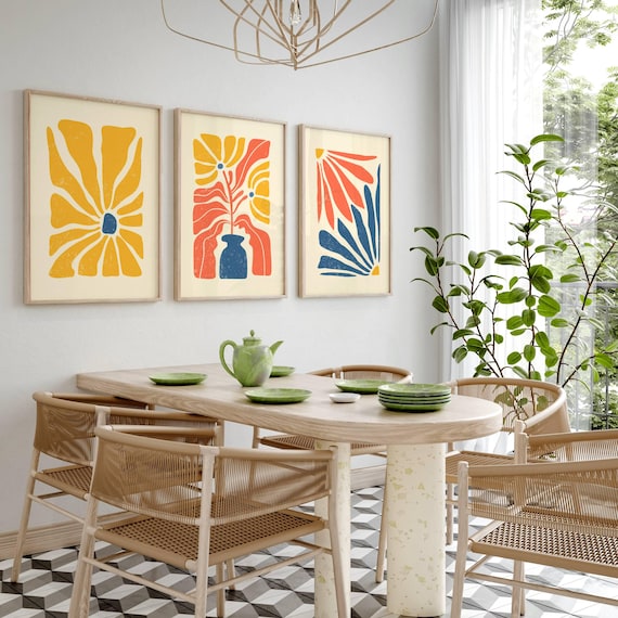 Retro Flower Poster Set, Set Of 3 Prints, Matisse Wall Art, 70s Retro Wall Art, Groovy Wall Art, 1970s Decor, Funky Wall Art, Printed Art