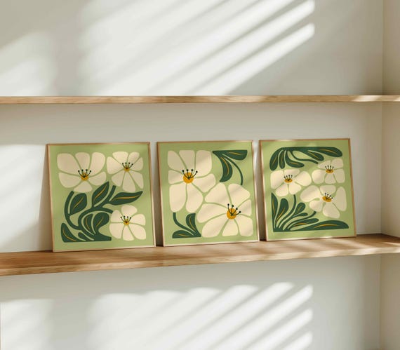 Retro Floral Print Set of 3 – 70s Botanical Wall Art, Mid Century Modern Decor