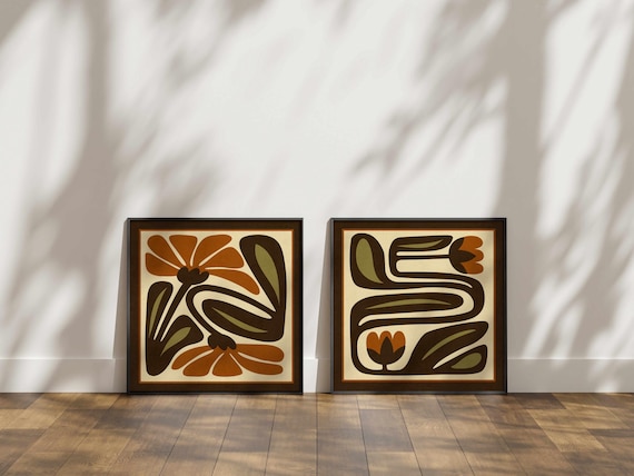 FRAMED Retro Floral Print Set: Olive & Rust Botanical Art, Mid-Century Modern Boho Decor