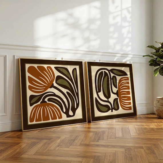 Framed Retro Floral Print Set — Terracotta Botanical Wall Art, Mid-Century Modern Decor