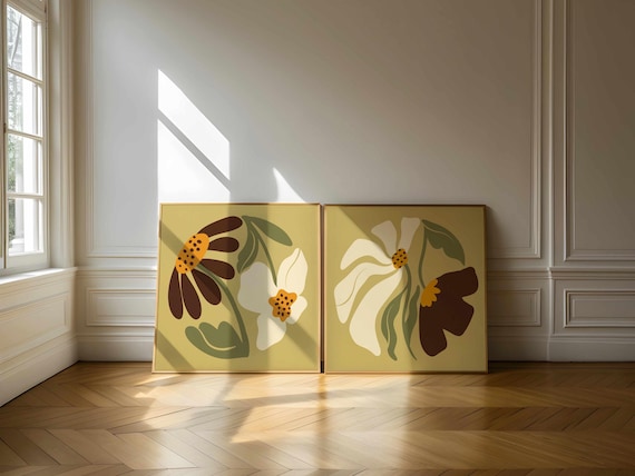 Matisse Floral Print Set: 70s Retro Botanical Wall Art, Mid Century Modern Boho Decor