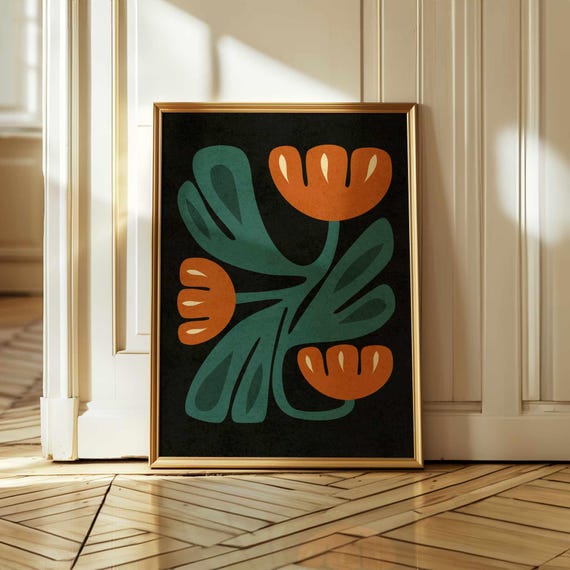 Abstract Mid Century Flower Print – Retro Floral Wall Art in Burnt Orange & Teal, Vintage Botanical Poster for Modern Boho or Eclectic Decor