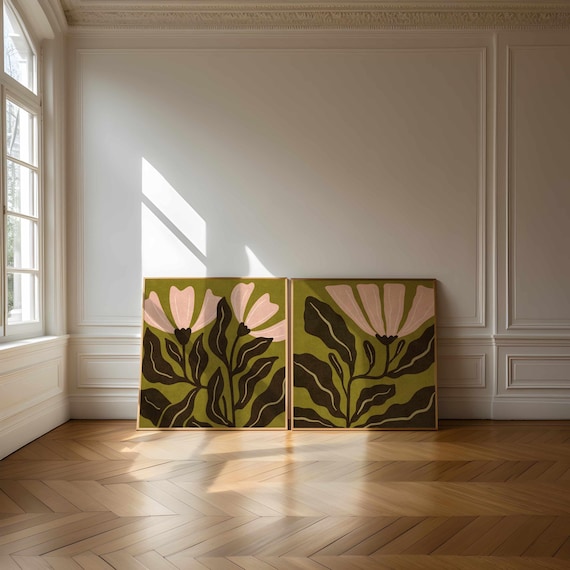 Retro Floral Print Set: Abstract Botanical Wall Art, Mid Century Modern Boho Decor