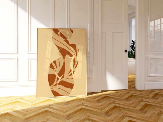 Matisse Style Female Silhouette Art Print: Burnt Sienna Leaf Cutouts, Mid Century Modern Decor
