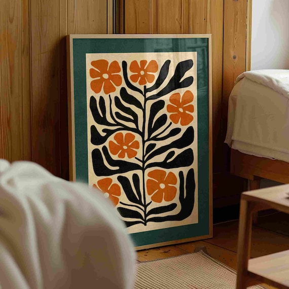 Matisse Style Floral Print — Burnt Orange & Teal Botanical Art, Mid Century Modern Boho Decor