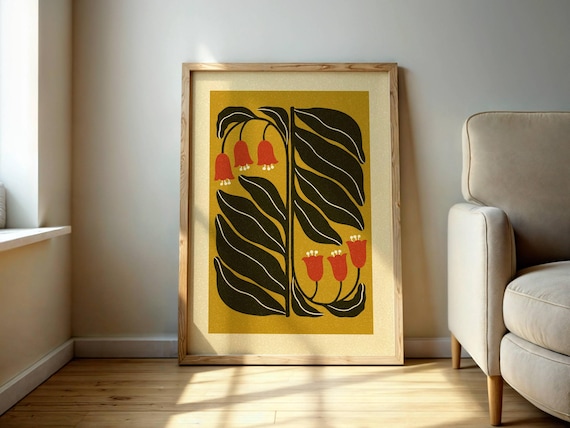 Mid Century Flower Print – Retro Floral Wall Art in Red and Mustard, Vintage Botanical Poster for Eclectic &  Modern Boho Decor
