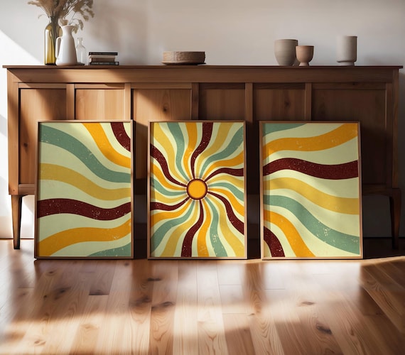 70s Sunburst Print Set: Mid Century Modern Gallery Wall Art, Retro Boho Home Decor