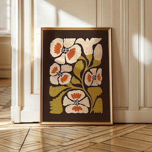 70s Floral Wall Art – Retro Flower Print in Burnt Orange and Olive, Vintage Style Botanical Poster for Mid Century Modern Boho Home Decor