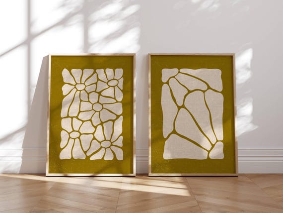 Abstract Retro Botanical Prints, Matisse-Inspired Floral Wall Art Set Of 2, 70s Aesthetic Vintage Posters for Mid Century & Boho Home Decor