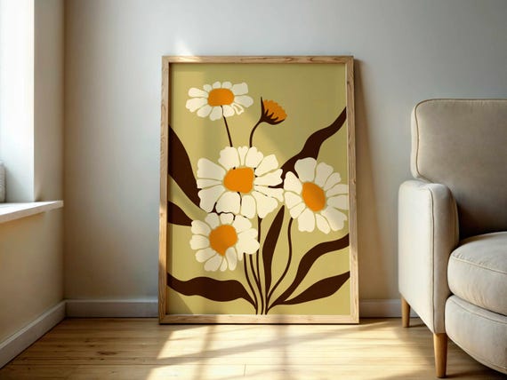 Retro Daisy Print – Vintage Floral Wall Art in Earth Tones, Mid Century Style Flower Poster, Boho Botanical Wall Art for Neutral Home Decor