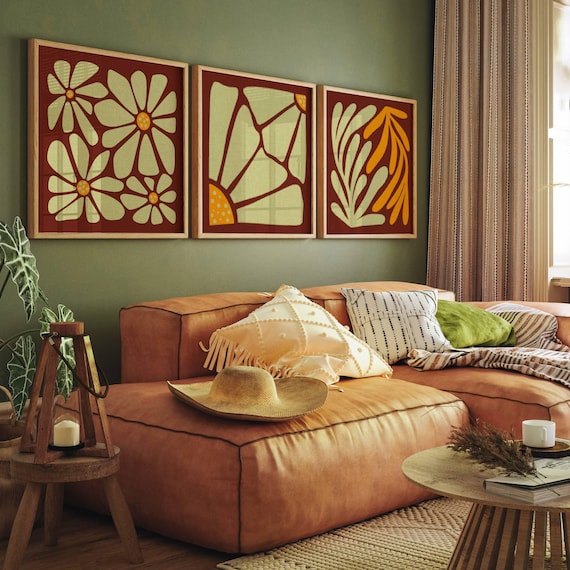Retro Floral Wall Art Set Of 3, Abstract Matisse-Inspired Botanical Prints – Groovy 70s Aesthetic Wall Art for Mid Century & Boho Decors