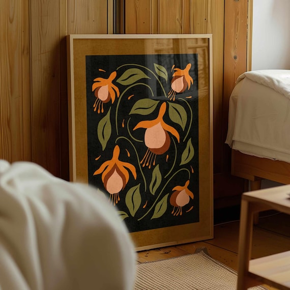 Vintage Style Floral Print – Retro Flower Wall Art in Earthy Tones, Moody Botanical Poster for Mid Century Modern Boho Decor