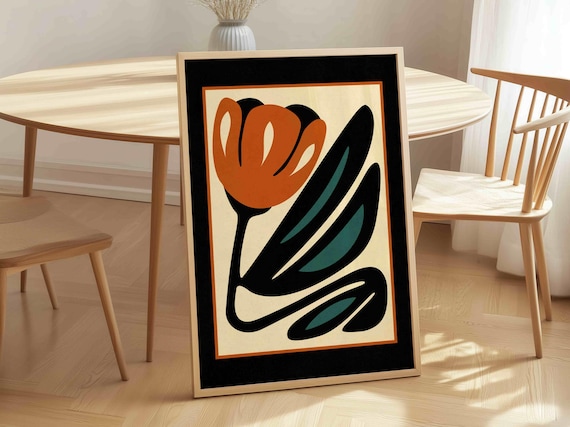 FRAMED Abstract Tulip Floral Print: Retro Botanical Wall Art, Mid Century Modern Boho Decor
