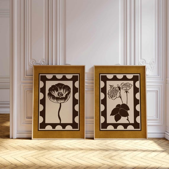 Vintage Botanical Wall Art, Poppy and Rose Flower Prints – Retro Floral Posters for Rustic, Cottagecore and Mid Century Decor