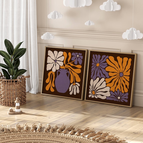 70s Flower Print Set, Set Of 2 Prints, Matisse Primts, 70s Wall Art, Mid Century Modern, Groovy Art Print, Gallery Wall Set, Mcm Decor