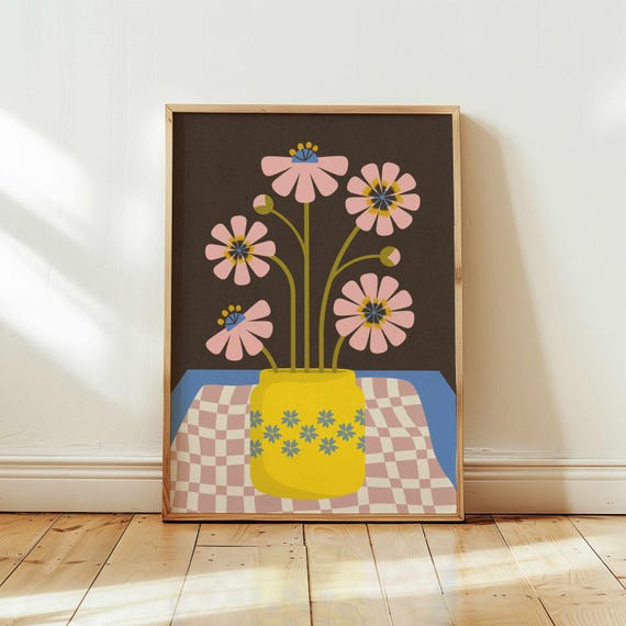 Abstract 70s Floral Wall Art — Matisse Style Flower and Vase Print in Yellow, Pink & Blue, Retro Botanical Poster for Mid Century Boho Decor