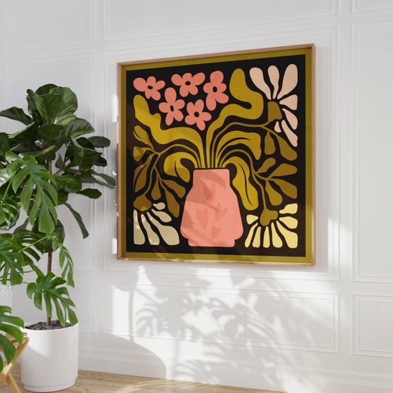 Groovy 70s Flower Art Print, Matisse Inspired Retro Wall Decor in Summer Colors, Mid Century Modern Botanical Poster, Vintage 60s Home Vibes
