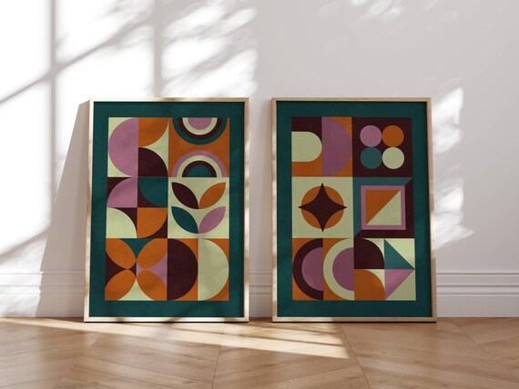 Abstract Geometric Wall Art, Mid Century Modern Bauhaus Prints – Boho Retro Colorful Poster Set in Teal, Orange & Plum