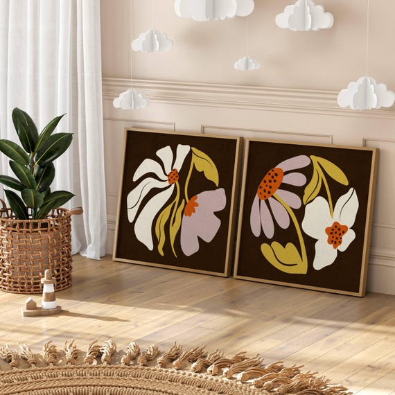 Groovy Retro Wall Art Set Of 2, Matisse-Inspired Floral Prints in Warm Vintage Colors – 70s Style Botanical Posters, Mid Century Decor
