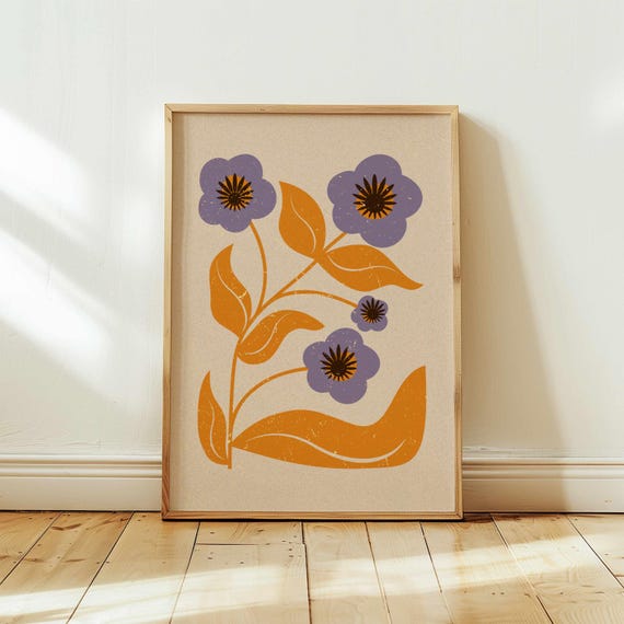 Abstract Retro Floral Print, Vintage Style Flower Poster in Lavender and Ochre, 70s Groovy Wall Art for Mid Century Modern Boho Decor
