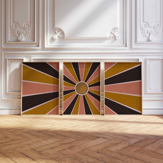 70s Sunburst Triptych: Retro Geometric Print Set, Mid Century Modern Gallery Wall Art
