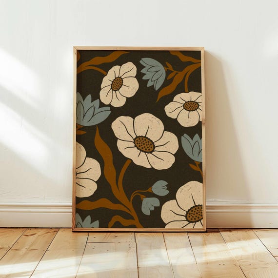 70s Floral Print: Retro Flower Illustration Poster, Boho Botanical Wall Art, Earth Tone Decor