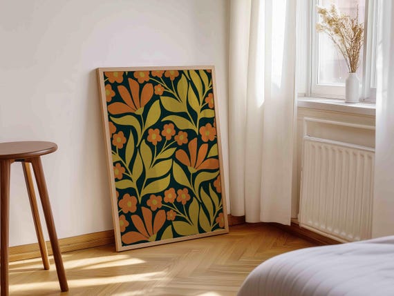 Retro Floral Print, Vintage Botanical Wall Art, Mid Century Modern Boho Decor