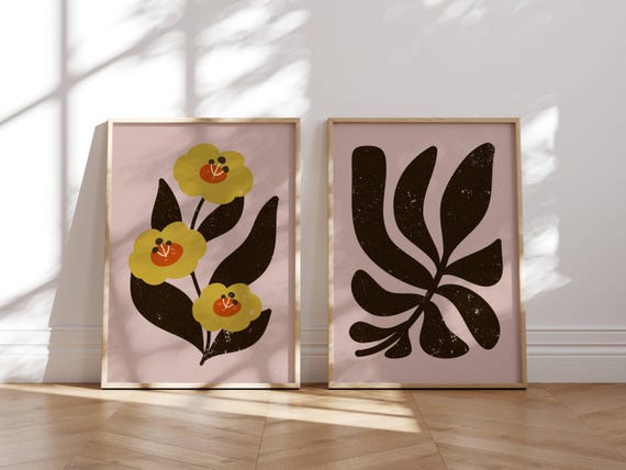 Retro Flower Print Set, Set Of 2 Prints, 70s Inspired Art, Mid Century Wall Art, Retro Wall Art, 60s Wall Decor, Floral Wall Art, Mcm Art