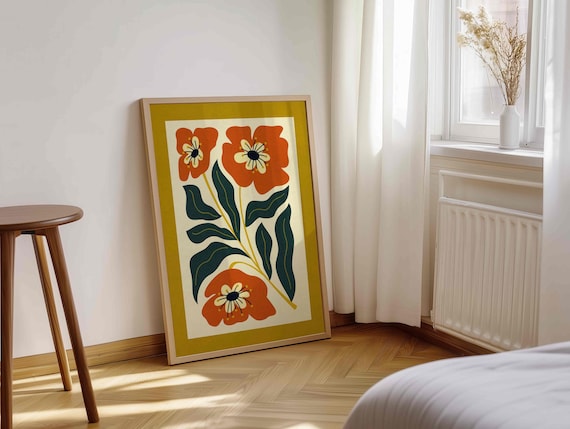 70s Retro Floral Print: Mid Century Modern Botanical Wall Art, Vibrant Home Decor