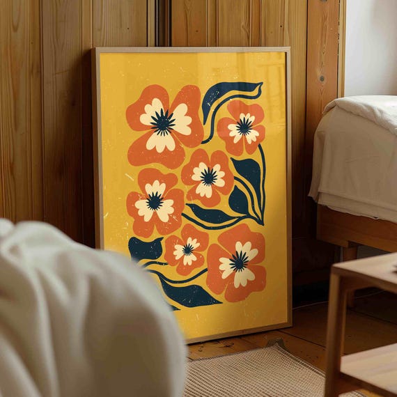 Retro Floral Print — 70s Botanical Wall Art, Mid Century Modern Decor