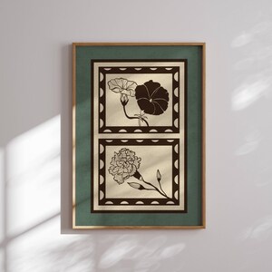 Impression botanique vintage, oeuvre d'art murale florale Cottagecore en bleu sarcelle poussiéreux et beige, affiche rustique de fleurs sauvages pour une décoration d'intérieur rétro confortable