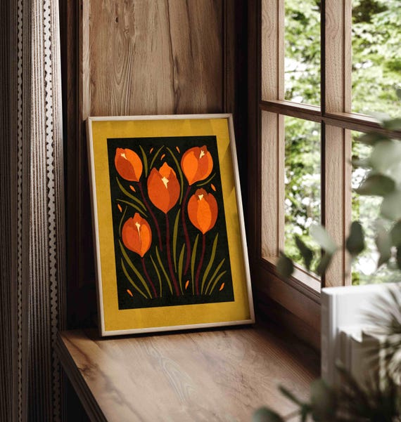 Retro Tulip Print: 70s Floral Wall Art, Vintage Botanical Poster, Moody Home Decor
