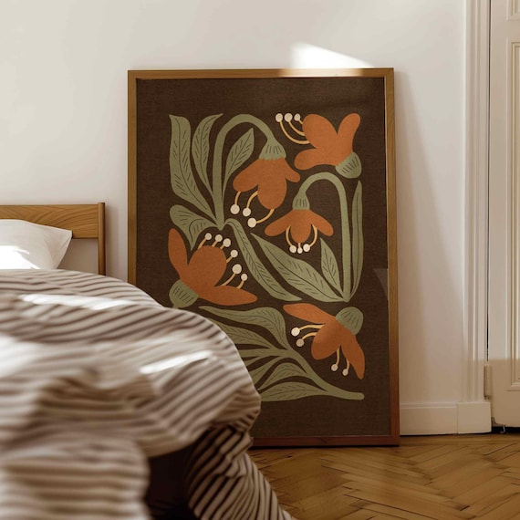 Abstract Floral Wall Art: Earthy 70s Botanical Print, Retro Mid Century Modern Decor