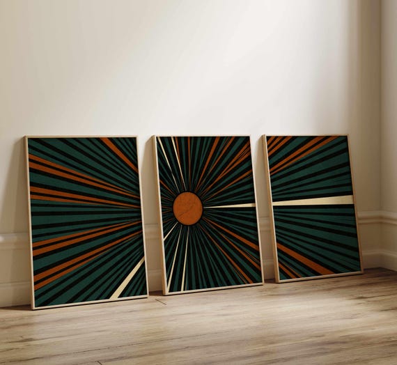 Abstract Geometric Print Set: Mid Century Modern Triptych, Teal & Burnt Orange Wall Art