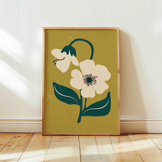 Abstract Retro Flower Print — Vintage Style Floral Wall Art, Groovy Botanical Poster for Mid Century or 70s Boho Home Decor