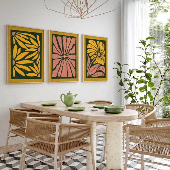 Retro Flower Print Set, Set Of 3 Prints, Gallery Wall Set, Matisse Prints, 70s Inspired, Mid Century Wall Art, Retro Wall Art, Mcm Decor