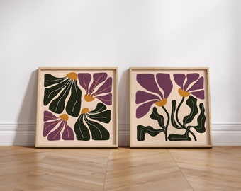 Retro Flower Poster Set, Set Of 2 Prints, 70s Retro Wall Art, Aesthetic Matisse Print Set, Funky Wall Art, 70s Groovy Posters, Printed Art