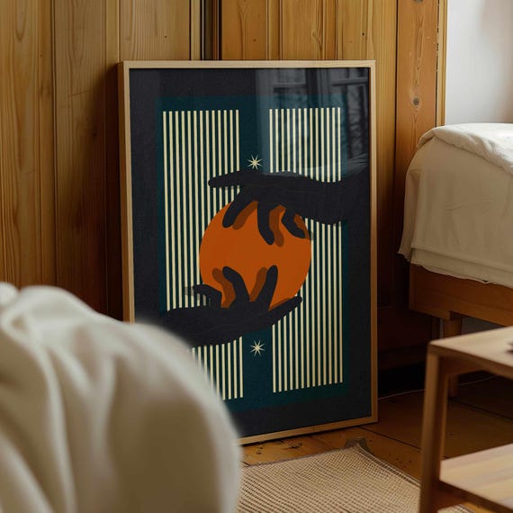 Abstract Mid Century Print, Geometric Wall Art with Hands and Sun, Minimalist Boho Poster for Eclectic or Modern Home Decor