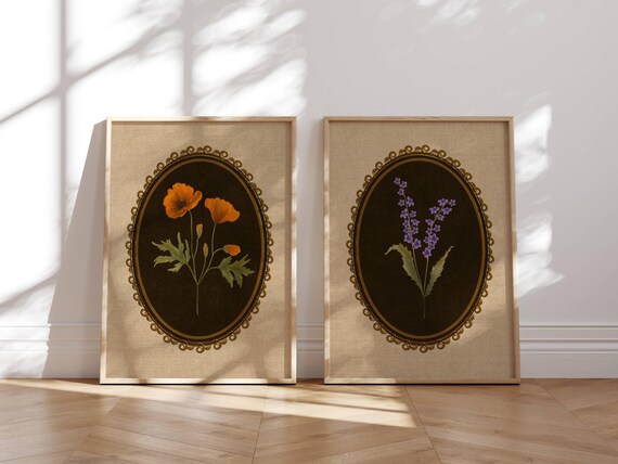 Vintage Style Botanical Prints, Flower Print Set, Aesthetic Room Decor, Cottagecore, Vintage Wall Art, Retro, Mid Century Modern Wall Art