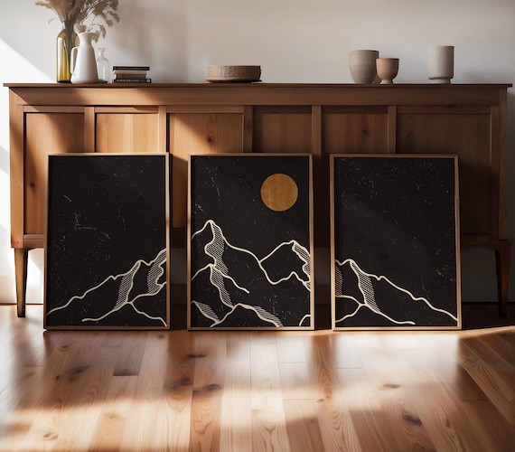 Mountain Wall Art, Set Of 3 Prints, Japandi Wall Art, Gallery Wall Set, Landscape Prints, Black Minimalist Art, Triptych Wall Art, Mcm Decor